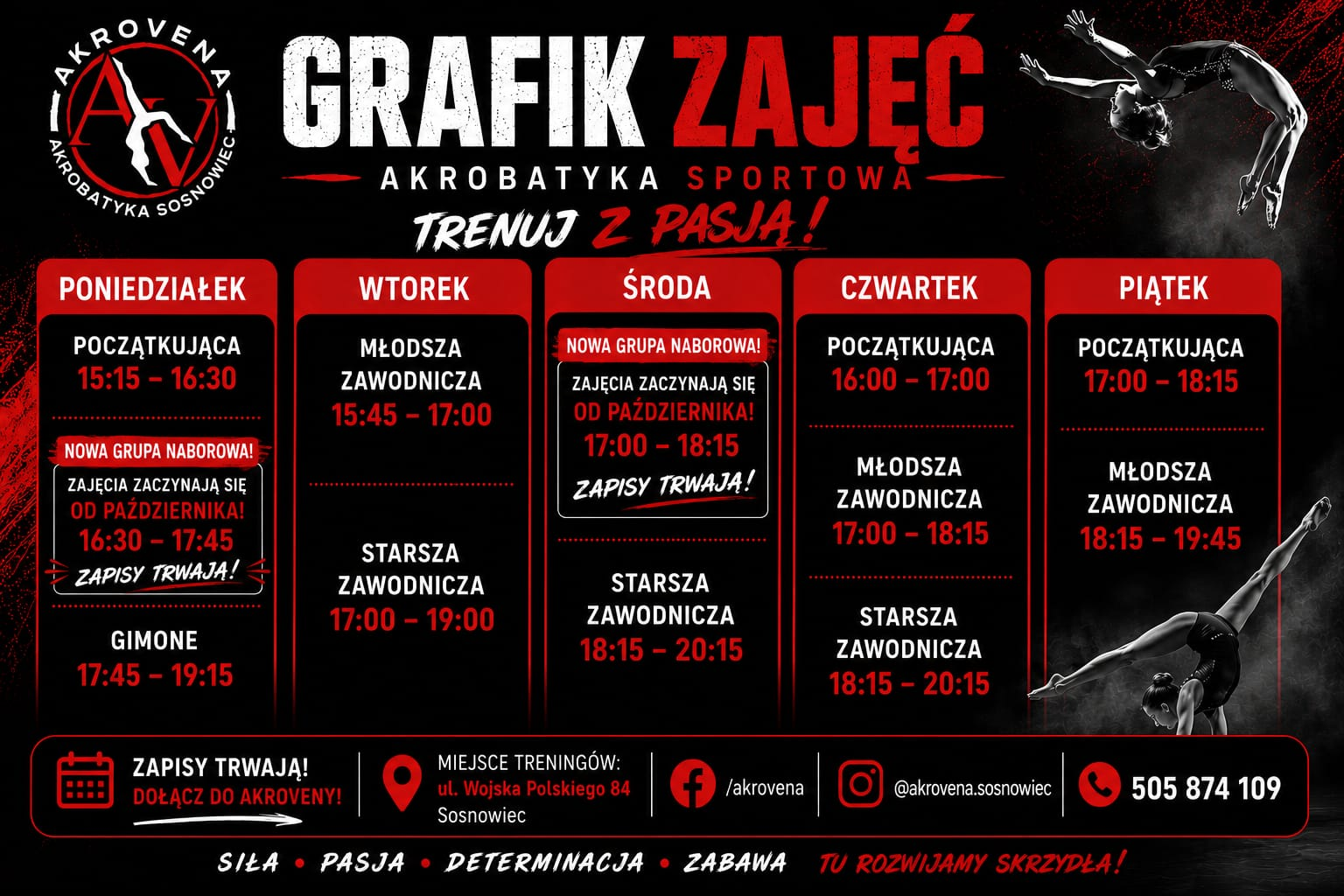 Grafik zajęć akrobatyki dla dzieci w Sosnowcu - Akrovena, sezon 2026/2027